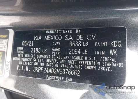 2021 Kia Forte Fe from USA, damaged, VIN 3KPF24AD2ME376662